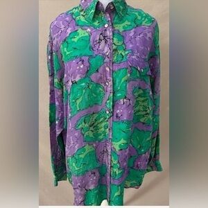Vintage Very Trendy Green and Purple long sleeve buttoned 100% silk blouse.